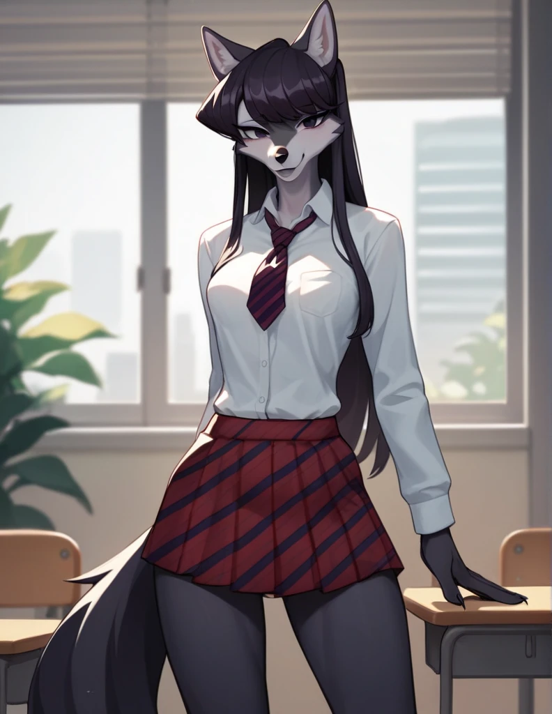 score_9,score_8_up,score_7_up, source_anime, source_furry, Anthro furry wolf girl, Komi Shouko, she is an Anthro furry black wolf, black furry body, wolf snout, black nose, tall and skinny, small breasts, wearing , at a Japanese school, 