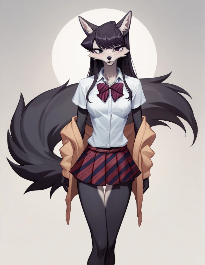 score_9,score_8_up,score_7_up, source_anime, source_furry, Anthro furry wolf girl, Komi Shouko, she is an Anthro furry black wolf, black furry body, wolf snout, black nose, tall and skinny, small breasts, wearing , at a Japanese school,