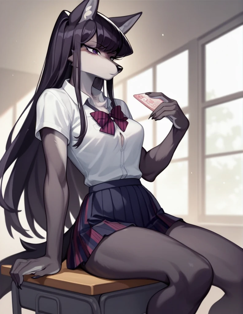 score_9,score_8_up,score_7_up, source_anime, source_furry, Anthro furry wolf girl, Komi Shouko, she is an Anthro furry black wolf, black furry body, wolf snout, black nose, tall and skinny, small breasts, wearing , at a Japanese school,