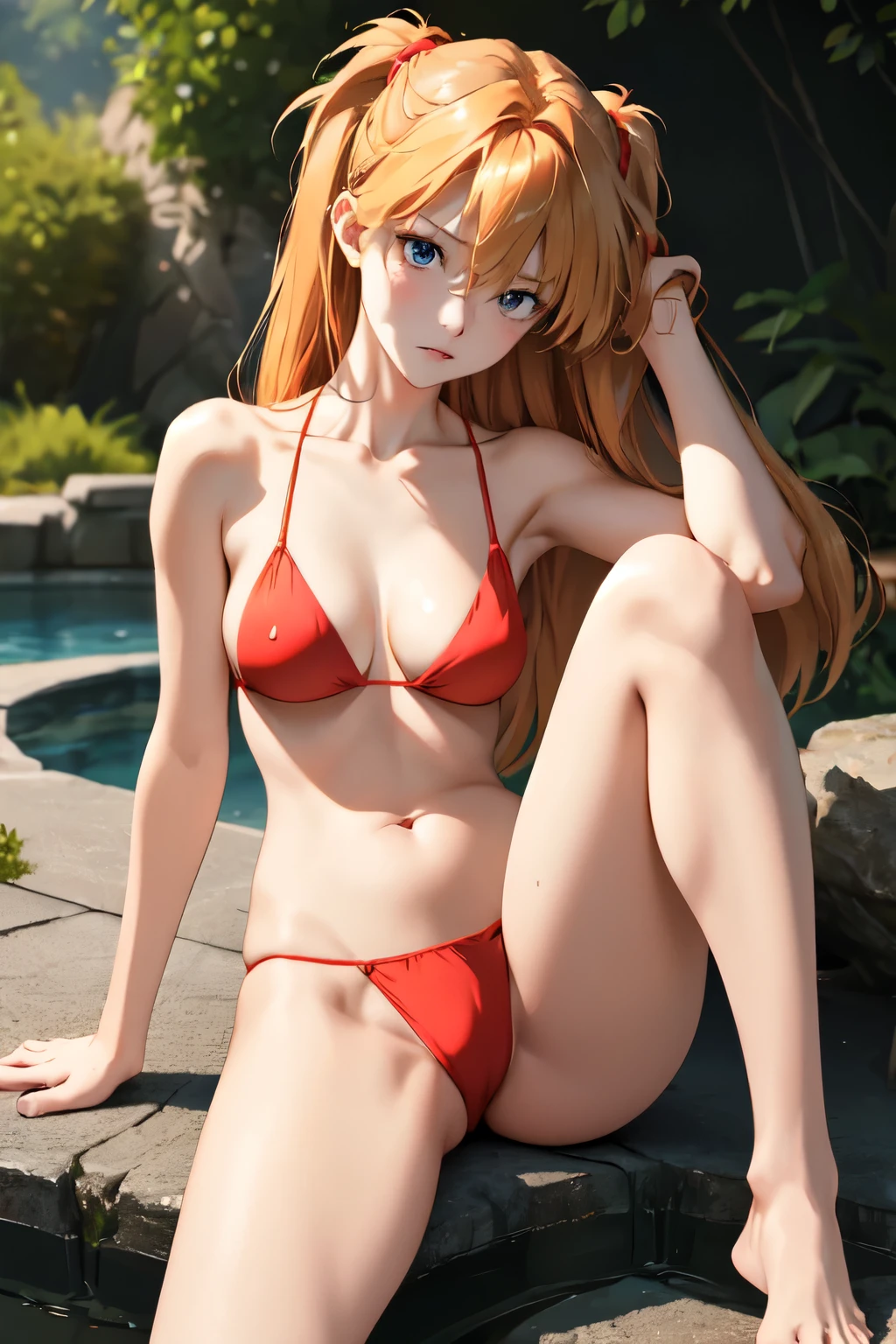 (masterpiece, best quality), 1girl, beautiful face, beautiful body, Asuka Langley Soryu, hair between eyes, solo, bright expression, natural small breast, cleavage, slim, thin, tall, blonde reflected light, red bikini, collarbone, silky shiny skin, see through nipple, high resolution, sitting, sad, perfect detailed anatomy, perfect arms, perfect fingers, navel, spread legs, soft light, bright outdoors