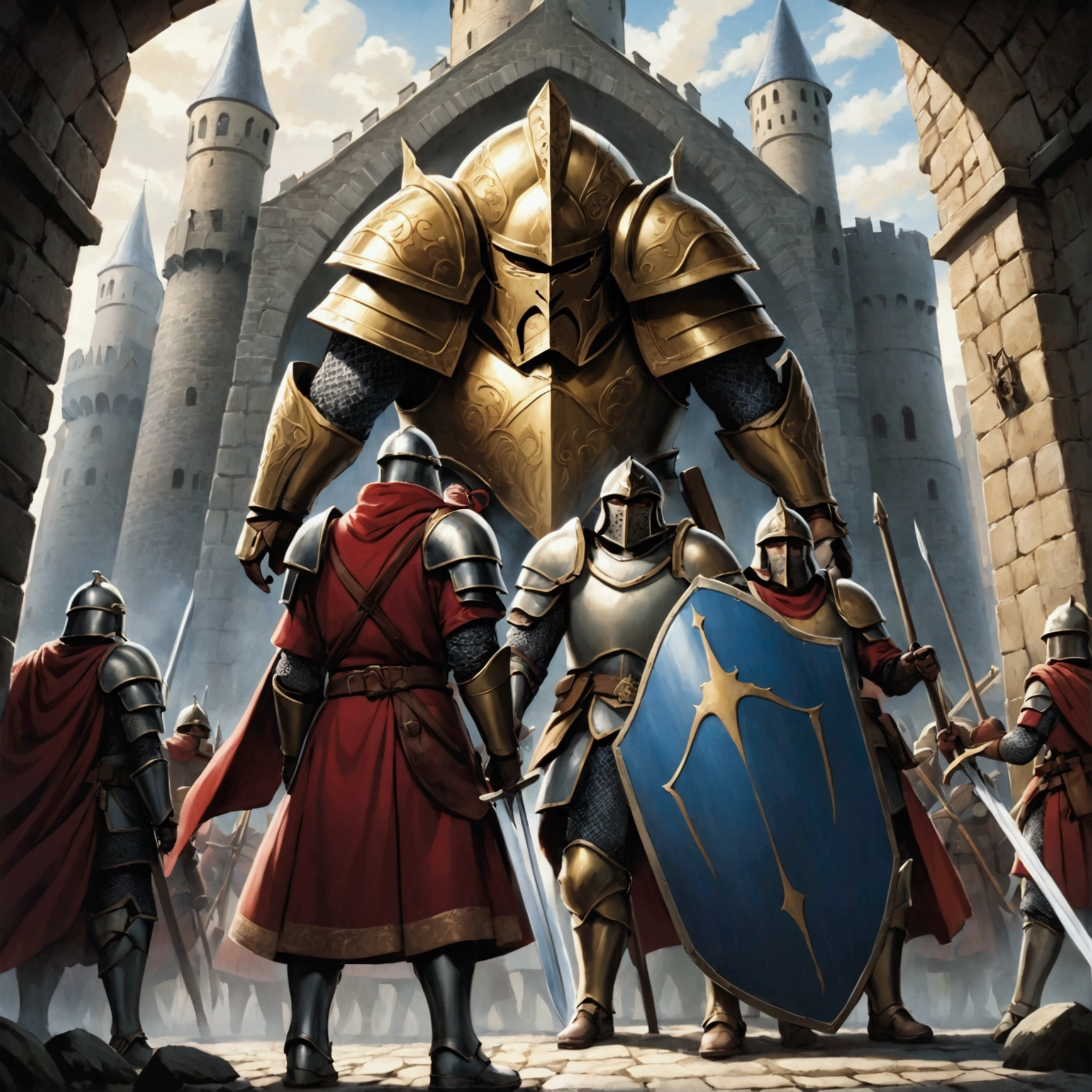 A man(Warriors of the European Middle Ages，Soldier，guardsman)，Wear a helmet，Wearing armor，Holding a sword，Holding a shield，Stand at the city gate。Mid-ground composition，Full body pictures，Characters and scenes，Anime illustration style，Magic style，Suitable for card illustrations。HD，4K。
