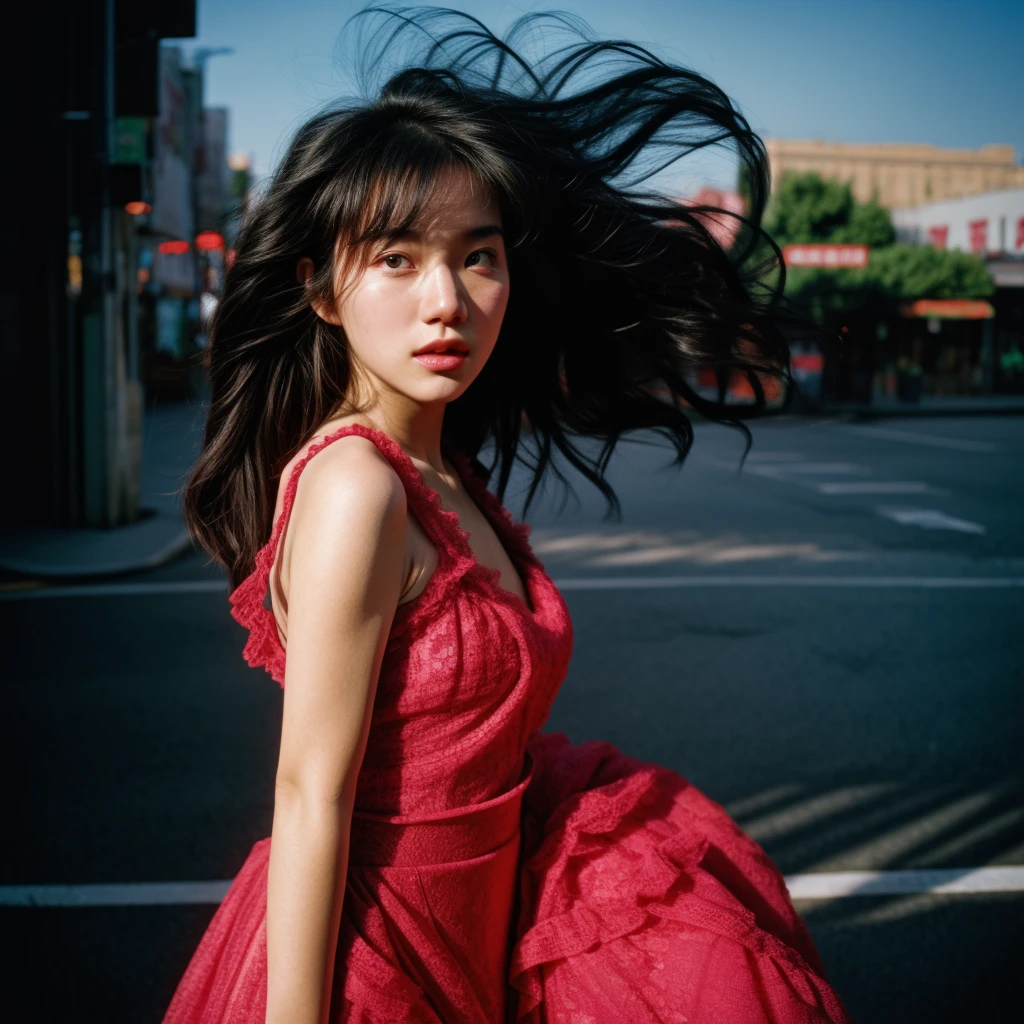 (full shot:1.3), (best quality:1.4), 1girl, uzbek, cute face, pink lace tanktop with long skirt, running in the market street, emotional posing, wavy hair, bangs, (hair blowing in the wind:1.2), (dramatic moment:1.3), (dynamic object:1.3), (kinetic motion:1.2), film looks, RAW photo, beauty shadow, beautiful day, natural lighting, detailed skin, detailed face and eyes, ultra highly detailed, surreal view, sharp focus, shot by zenit analog film, cinematic portrait by annie leibovitz, photo realism