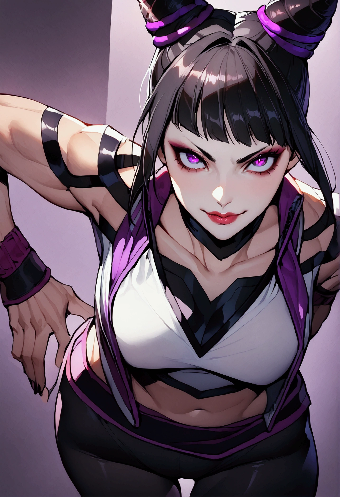 Juri Han,dark eyeshadow,glare eyes,beautiful young fitness woman with , in a gym wearing May with black pantyhose, white and purple fitted gym jacket. standing alone,hair horns,bright purple eyes,Evil smile,legging preto ,lips,dark eyeshadow,glare eyes,close up