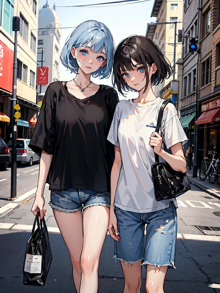 2 girls,Short black hair,Blue eyes,wear a plain white shirt,denim shorts,city, absurdity, a high resolution,ultra-sharp,8 Kšedevr, I look at the viewer