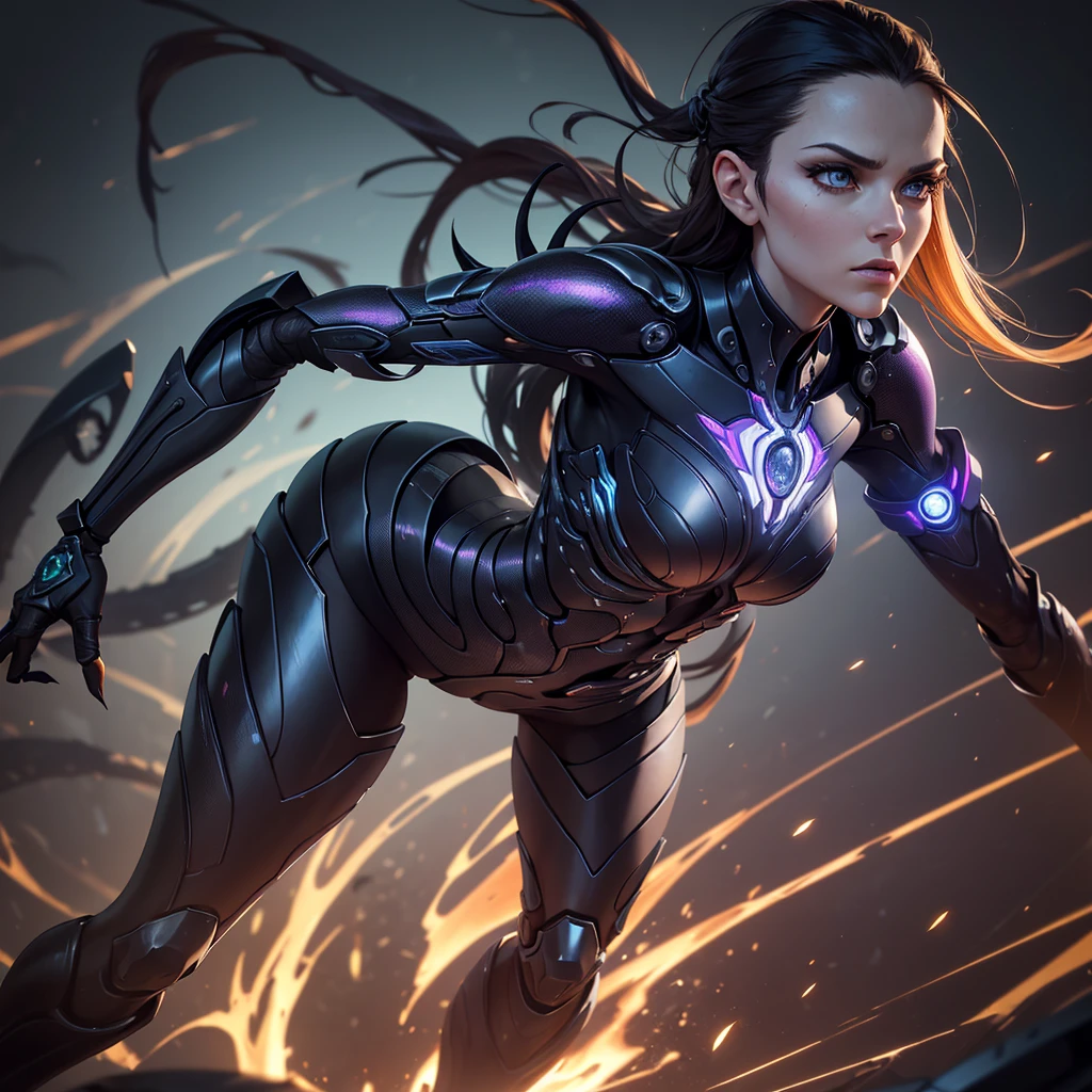 (Best Quality, 4K, 8K, High Definition, Masterpiece: 1.2), (Ultra Detailed, Realistic, Photorealistic: 1.37), a female android with a striking resemblance to a scorpion, designed to embody both elegance and lethality. Her sleek metallic frame gleams under the artificial light, every line and curve meticulously crafted to mimic the fluidity of a living organism while retaining an unmistakable mechanical precision. Both hands have become scorpion pincers. Her humanoid form is adorned with intricate details reminiscent of a scorpion's exoskeleton. Dark, iridescent plating covers her body, reflecting subtle hues of blue and purple as she moves. Along her spine, a series of segmented plates mimic the rigid structure of a scorpion's tail, hinting at the deadly stinger that lies hidden within. Her face is an enigma, simultaneously beautiful and unsettling. Smooth synthetic skin stretches taut over her features, giving her an appearance of ethereal beauty, yet her eyes betray a cold, calculated intelligence. They glow with an unnatural hue, shifting between shades of amber and crimson, like embers burning in the darkness. Her hands, tipped with razor-sharp claws, are capable of both delicate precision and devastating force. Each digit moves with a fluidity that belies their mechanical nature, capable of striking with lightning speed when the need arises. As she moves, her movements are sinuous and graceful, reminiscent of a predatory creature stalking its prey. Despite her mechanical nature, she exudes an aura of primal instinct, her every motion calculated for maximum efficiency and lethality. In the world of science fiction, she is both a marvel of engineering and a formidable adversary, a reminder of the boundless possibilities of technology and the dangers that lie in its creation. (full body)