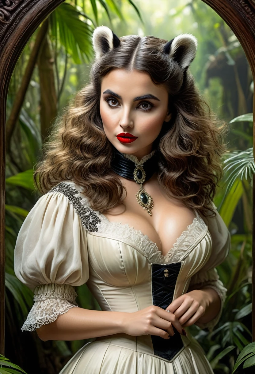 female badger mid transformation, solo, masterpiece, best art, victorian dress. detailed hands, detailed eyes, detailed torso, jungle, expression, transformation, human face, brown shaggy hair. Hourglass figure. red lip stick, sexy pose.