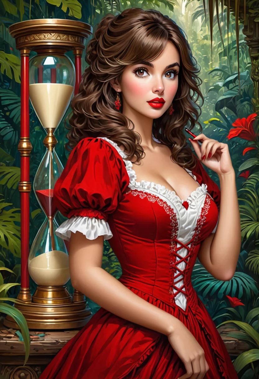 female badger mid transformation, solo, masterpiece, best art, victorian dress. detailed hands, detailed eyes, detailed torso, jungle, expression, transformation, human face, brown shaggy hair. Hourglass figure. red lip stick, sexy pose.