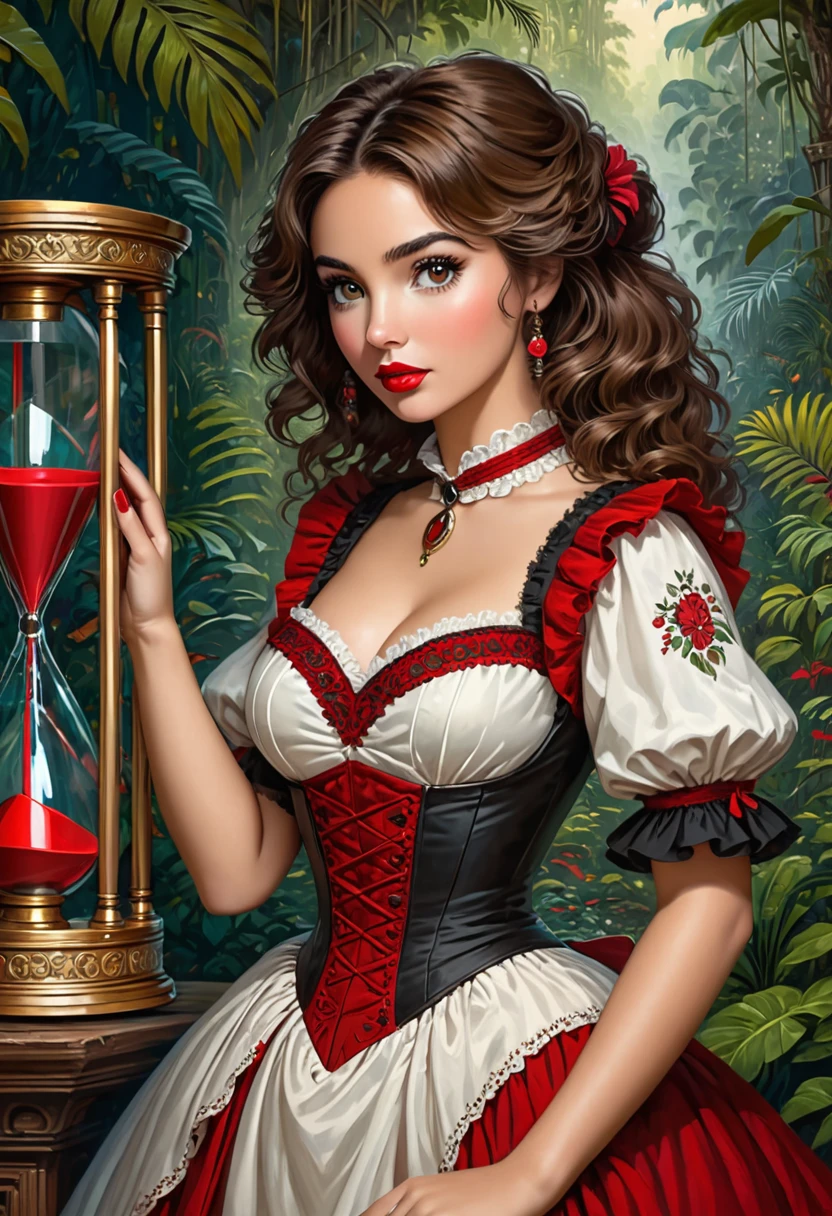 female badger mid transformation, solo, masterpiece, best art, victorian dress. detailed hands, detailed eyes, detailed torso, jungle, expression, transformation, human face, brown shaggy hair. Hourglass figure. red lip stick, sexy pose.