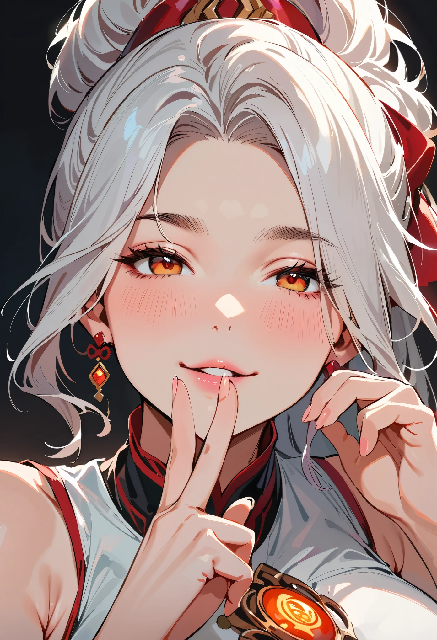 (masterpiece, best quality:1.4), 1 girl, 独奏, Red pupil, Blurred eyes, Smile, Look up and down, Pink lower lip, Left index finger touching face, Silver asymmetrical hairstyle, Long bangs on one side, High ponytail royal sister, Huge breasts, White Dress, Vision, black background.