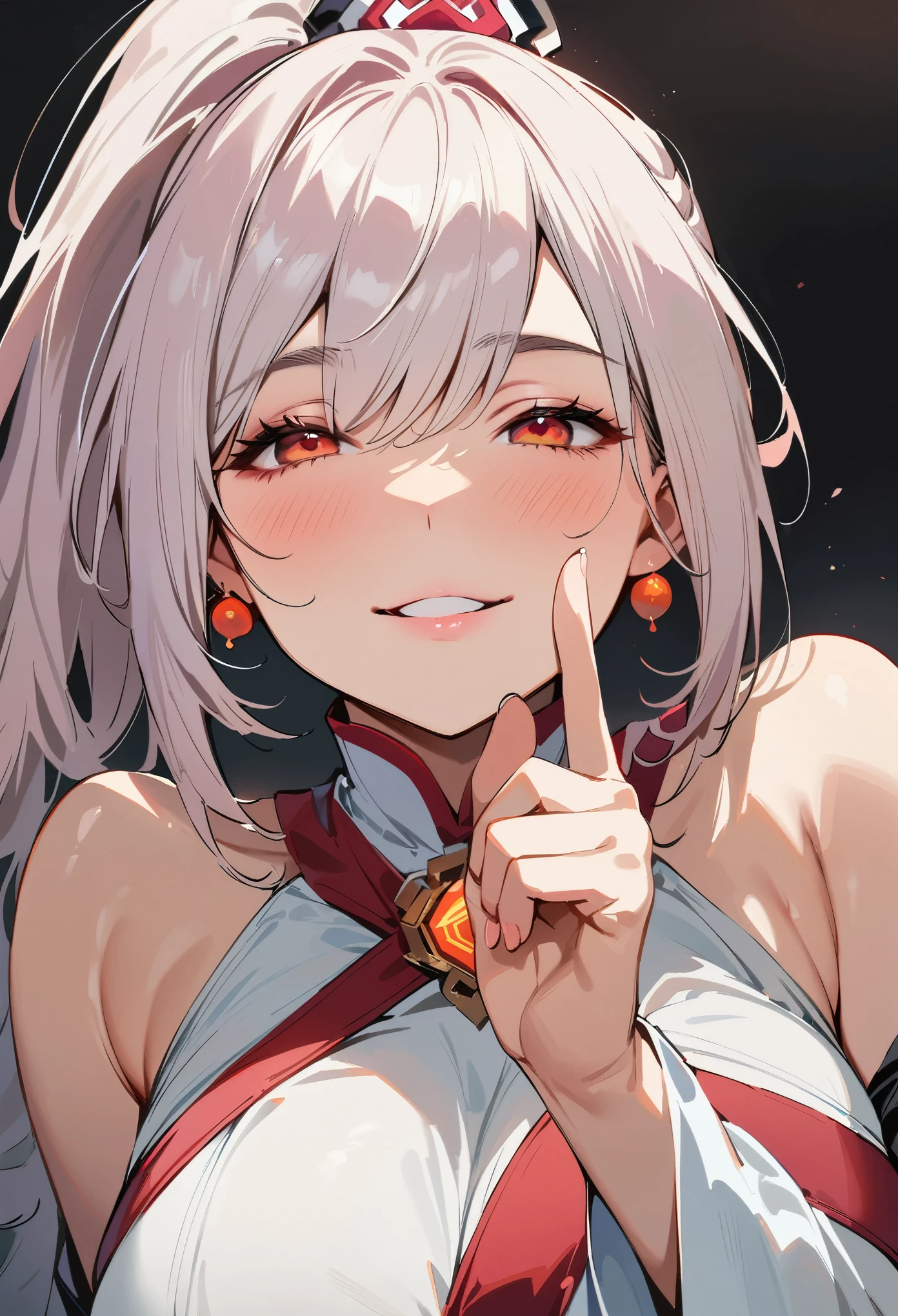 (masterpiece, best quality:1.4), 1 girl, 独奏, Red pupil, Blurred eyes, Smile, Look up and down, Pink lower lip, Left index finger touching face, Silver asymmetrical hairstyle, Long bangs on one side, High ponytail royal sister, Huge breasts, White Dress, Vision, black background.