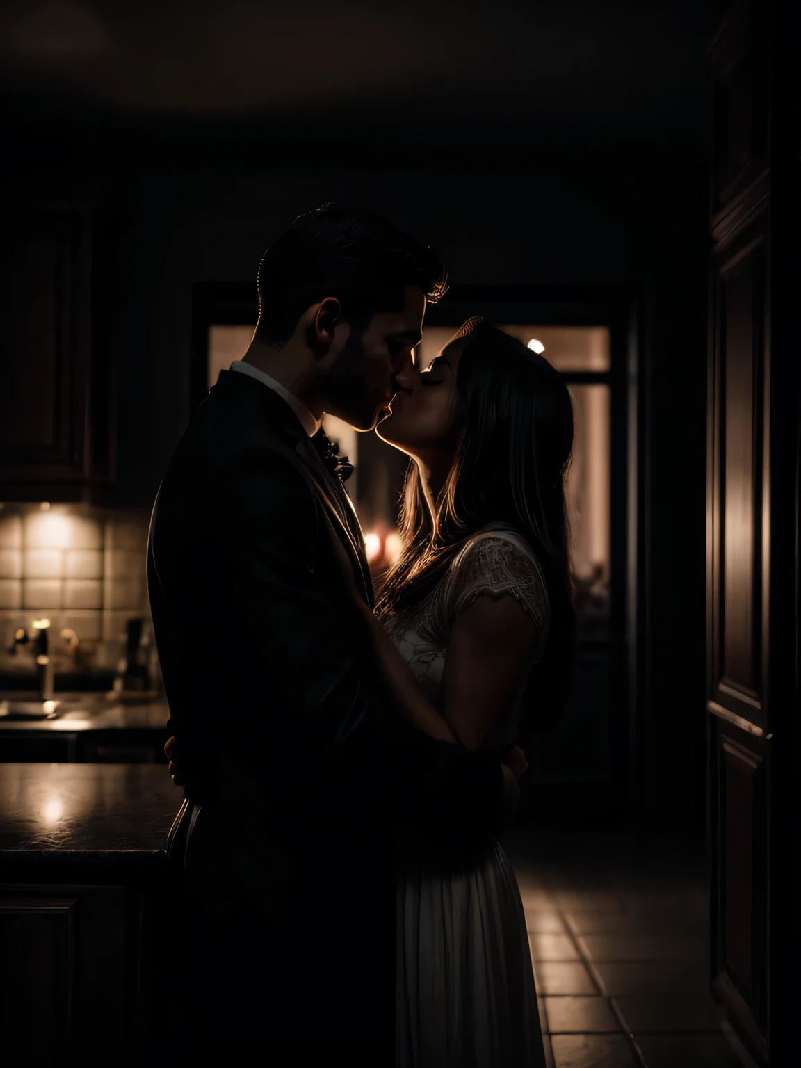 "In a dark and romantic setting, a man and woman in a kitchen in Paris being illuminated by the Effiel Tower, kissing. Their face is illuminated by soft, intimate lighting, revealing an expression of satisfaction and happiness. 4K resolution captures every detail , delicate play of shadows and light on the skin.
