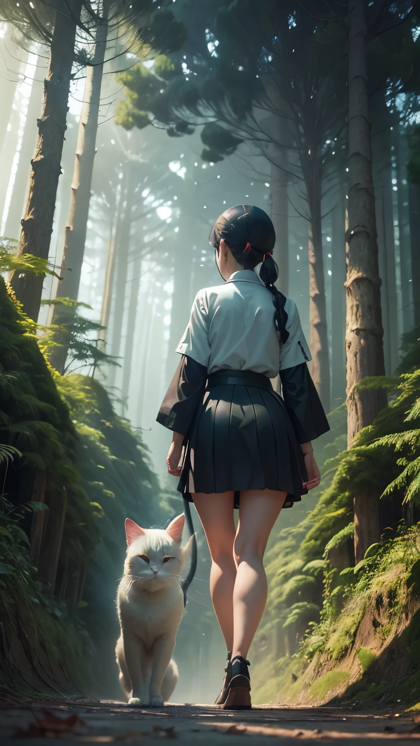 Maria Rabinky, Kay Sage, Minoru Nonaka, Erwin Puchinger, Tatsuki Fujimoto, Surrealism, wonder, strange, bizarre, fantasy, Sci-fi, Japanese anime, a walk through the forest architecture of visual symbolism, a miniskirt beautiful high school girl and her guide cat, perfect voluminous body, low high angles perspectives detailed masterpiece