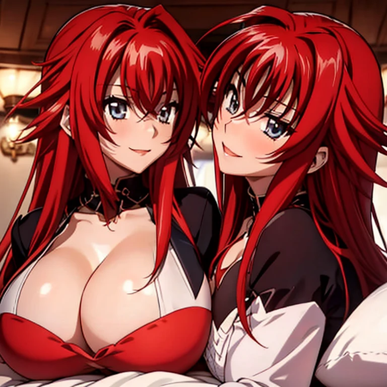 2girl, Red long、Red hair, Wearing underwear，Face Real，Doing sexy poses on the bed、Look up from below make eye contact、Face smile、Expression of desire、Cleavage emphasis, Breasts enlarged，Cleavage emphasis，Extra large zoom on chest，Chest zoom,anime style