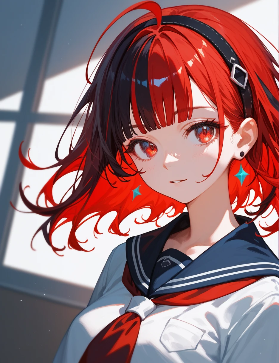 masterpiece, ultra-detailed, highly detailed, best quality, 1girl, looking at viewer, solo, red hair, multicolored hair, expressive hair, medium hair, ahoge, red eyes, blunt bangs, school uniform, hairband, earrings