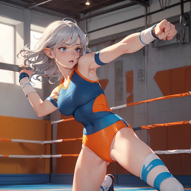 (Absurdres, best high quality, best high quality and very detailed features and textures, alone solo character)
{{( silver haired half-elf girl: (face freckles, pale skin, silver very short curly hair, beautiful blue eyes, very thin lips, nice teenage bodydium breasts, beautiful feminine arms, beautiful feminine legs, big butt, serious face, cute feminine, standing on offensive position), (orange wrestling leotard with leggings, orange elbow pads, blue wrestler wristbands, orange kneepads, blue wrestling medium boots), (pale-grey gym walls, white wrestling ring, white mat, white turnbuckles, white ropes, dark blue gym floor), (wrestling class, no people around))}}