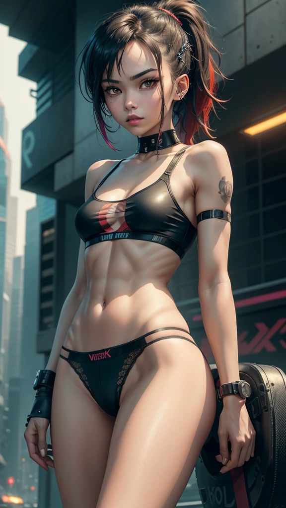 solo, 1girl, (masterpiece), ((16 year old appearance)), mohalk punk hair, small breasts, yellow eyes, ((detailed eyes)), (athletic body), (simple black cropped), (highcut sexy micro black top with red details Victoria's Secret style), looking at the screen, orange lipstick, visible abs, (((one simple high-cut underwear thong))), navel, (collarbone), (cyberpunk scenery background)