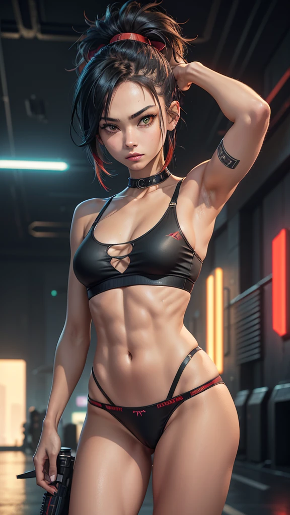 solo, 1girl, (masterpiece), ((16 year old appearance)), mohalk punk hair, small breasts, yellow eyes, ((detailed eyes)), (athletic body), (simple black cropped), (highcut sexy micro black top with red details Victoria's Secret style), looking at the screen, orange lipstick, visible abs, (((one simple high-cut underwear thong))), navel, (collarbone), (cyberpunk scenery background)