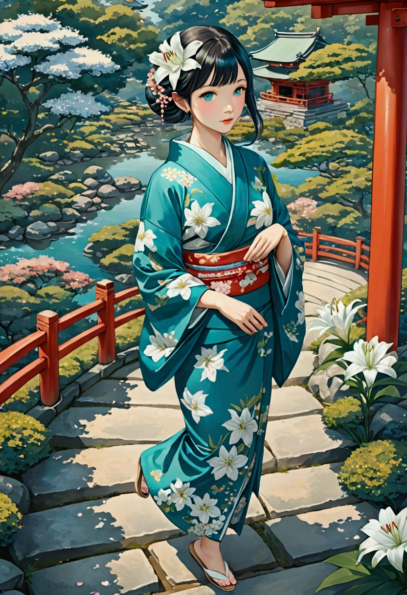 1 Girl, Solitary, from above, (White lily), Aesthetic, complex, best quality, Detailed background, Miki Sayaka, ((girl wearing a patterned teal kimono:1.2)), (Walking in the Zen Garden),  Casual posture, Detailed texture, Strike a pose, f lola l print, Flowering, Hair accessories, Japanese clothes, kimono, Heart, outdoor, pagoda, petal, (teal kimono), sash, shrine, Sky, Stone steps, Torii, Wide sleeves, yukata 