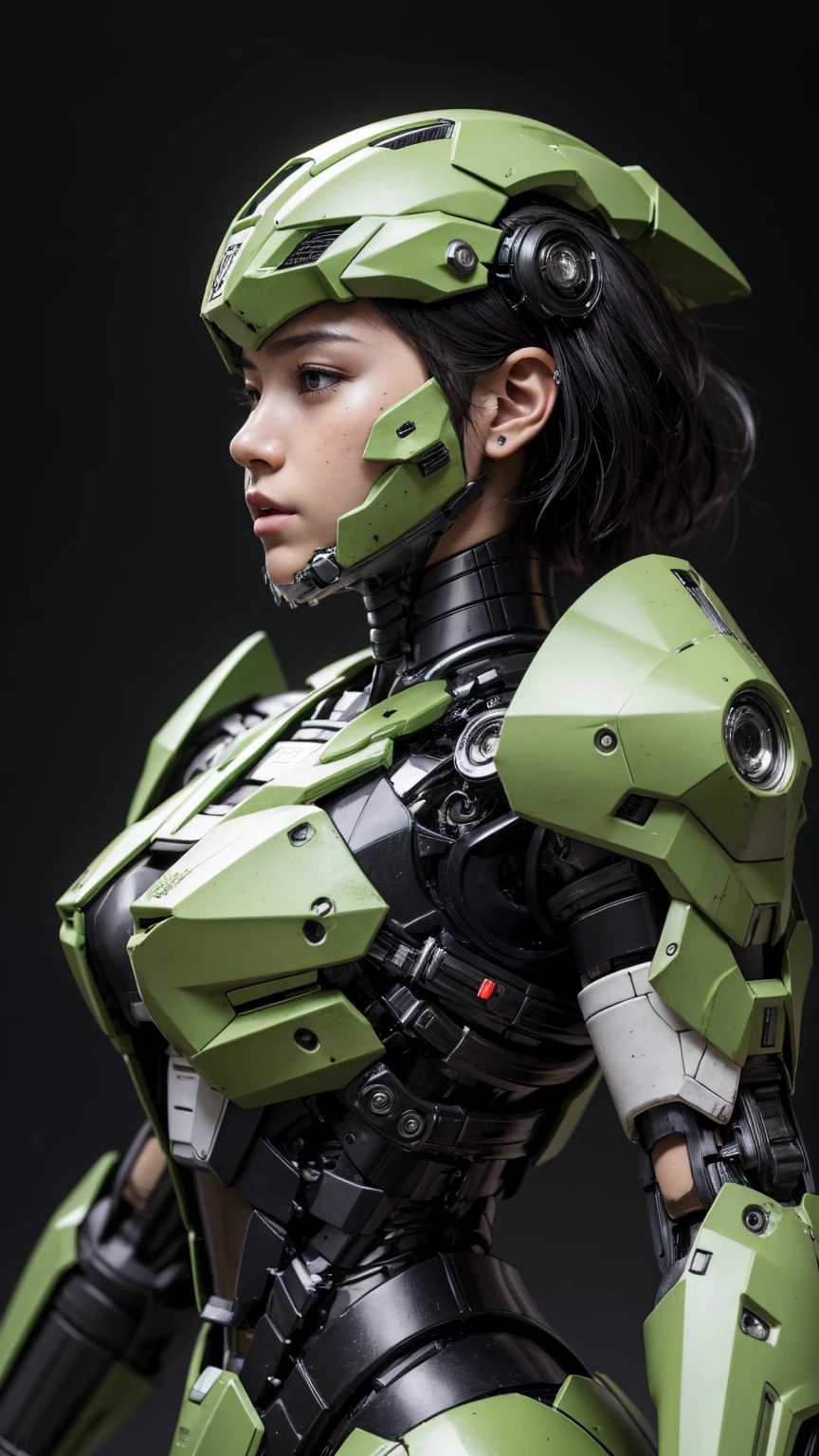Textured skin, Very detailed, Attention to detail, high quality, 最high quality, High resolution, 1080P, hard disk, beautiful,(War Machine),beautifulサイボーグ女性,Mecha Cyborg Girl,BATTLE MODE,Girl with a mechanical body Black Hair Short Hair Boyish Light green armor Soaked Face liberation Met Off Side view whole body