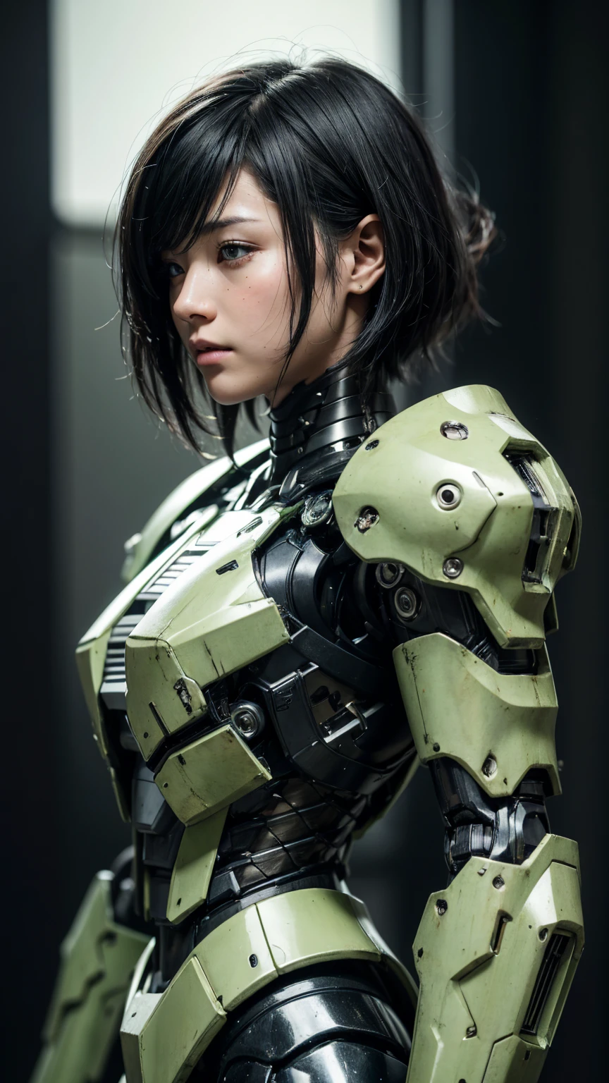 Textured skin, Very detailed, Attention to detail, high quality, 最high quality, High resolution, 1080P, hard disk, beautiful,(War Machine),beautifulサイボーグ女性,Mecha Cyborg Girl,BATTLE MODE,Girl with a mechanical body Black Hair Short Hair Boyish Light green armor Soaked Face liberation Met Off Side view whole body