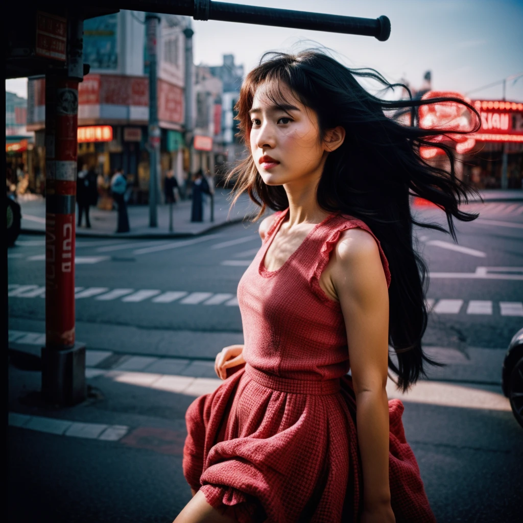 (full shot:1.3), (best quality:1.4), 1girl, uzbek, cute face, pink lace tanktop with long skirt, running in the market street, emotional posing, wavy hair, bangs, (hair blowing in the wind:1.2), (dramatic moment:1.3), (dynamic object:1.3), (kinetic motion:1.2), film looks, RAW photo, beauty shadow, beautiful day, natural lighting, detailed skin, detailed face and eyes, ultra highly detailed, surreal view, sharp focus, shot by zenit analog film, cinematic portrait by annie leibovitz, street photography in 2024