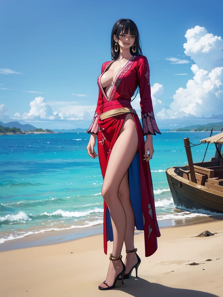 masterpiece, (Realistic:1.5), Highest quality, Beautiful lighting, Real Life, boa hancock, (only solo people ), 2 or more people NG, (perfect anatomy) , beautiful , , , , , , , large breasts , Cleavage, Slim waist, smile, , standing alone , Sweat-soaked skin, , , , , , full-body shot angle capturing, Wearing high heels, Detailed high heels, Bangles, bangs, Earrings, , , jewelry, Log Pause, , , , , , , blue sky, cloud, big pirate ship on the sea, floor, , Detailed footwork , , , Complex, Attention to detail, Sharp focus, dramatic, (RAW Photos, 8k Ultra HD, Film Grain), Caustics, Scattered beneath th