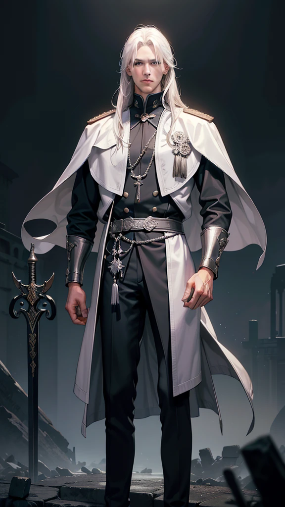 A tall, handsome, statuesque, courageous, attractive adult man-platinum blond, blue eyes, long straight platinum hair, dressed in an ancient gray military uniform, armor, holding a wide long sword in his hand. photorealistic illustrations, 4K resolution. Background: ancient ruins with glowing symbols, 32k UHD, best quality, masterpiece, super detail, high image quality.