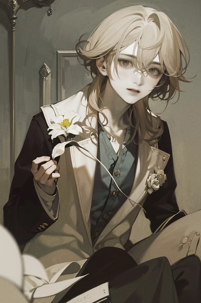 A male，Light hair，nice，Soft lighting，Ink，Low saturation，Low contrast，flower，薔薇のflower束，Domineering and charming，Gorgeous，dignity，