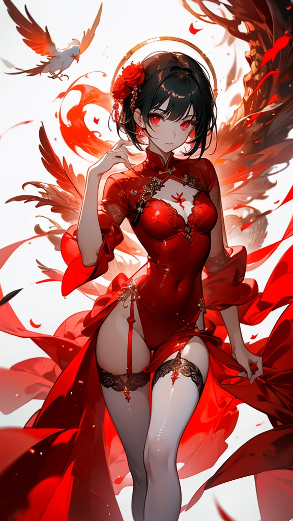 ((masterpiece, best quality)), Delicate face，Chinese Girl，whole body，Standing picture，Perfect body proportions，Long legs，Short hair handsome，Beautiful red glowing eyes，Fantasy style，White background，Extremely beautiful，transparent，Sexy Lingerie，sexly，Flame Rose，Tattoo，Lace，feather-adorned，Charm