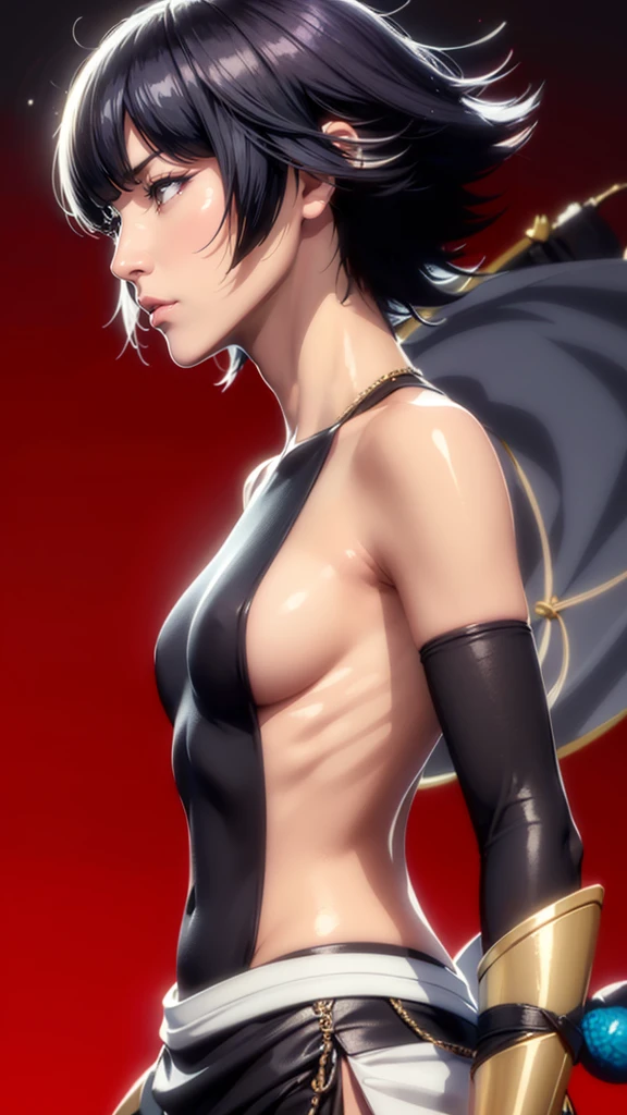 (（（Perfect body,White and tender skin,（（（japanese clothes, sideboob，Black top, Gold belt, black sleeves, black Japanese pants ）））,（（（sui-feng, short hair, short hair with long locks，Black hair））），((masterpiece)),high resolution, ((Best quality at best)),masterpiece,quality,Best quality,（（（ Exquisite facial features,Looking at the audience,There is light in the eyes,Smile））），）））,（（（Light and shadow,Small chest，）））,（（（Looking at the camera,black background,)））),