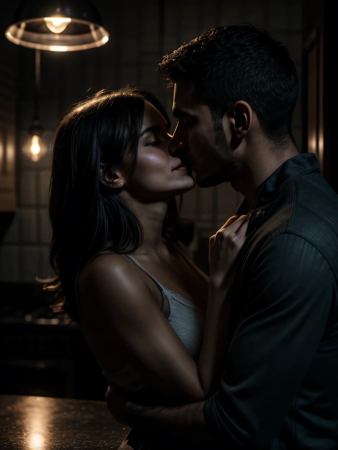 "In a dark and romantic setting, a man and woman in a kitchen in Paris are being lit, kissing. Their face is illuminated by soft, intimate lighting, revealing an expression of satisfaction and happiness. 4K resolution captures every detail, delicate play of shadows and light on the skin.