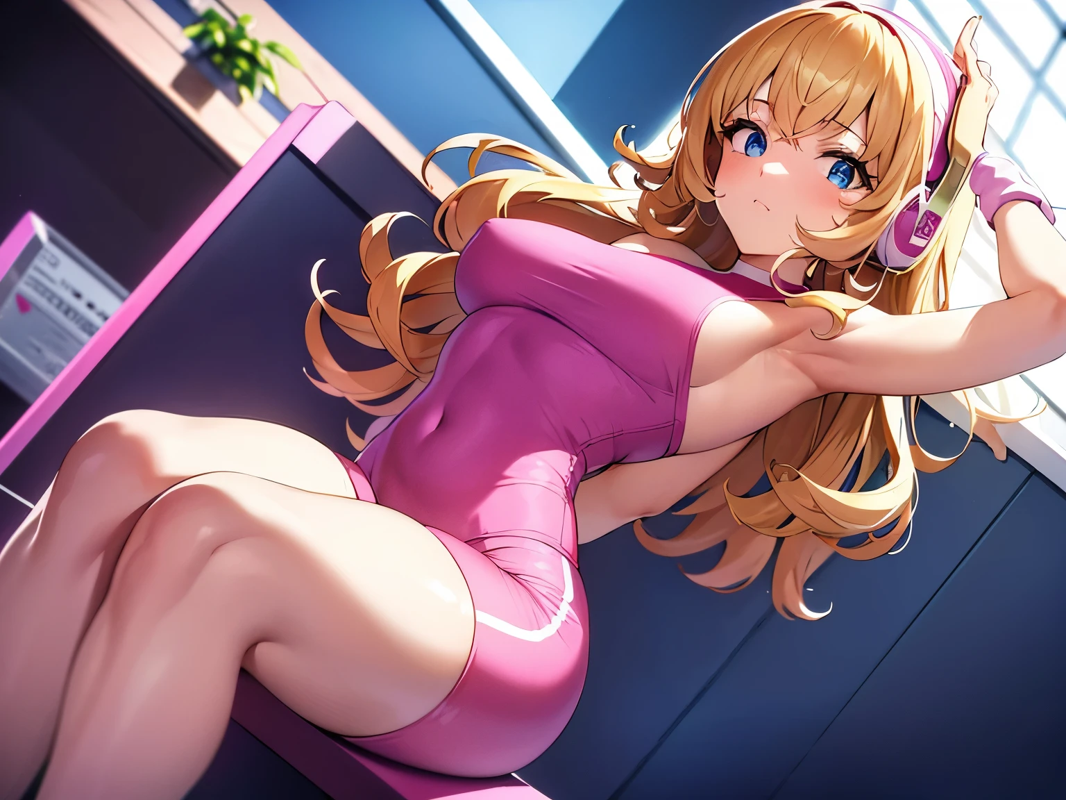 a girl with white skin blonde curly hair blue eyes in a pink 1980s gym lycra clothes listening to music in a gym in a 1980s anime style