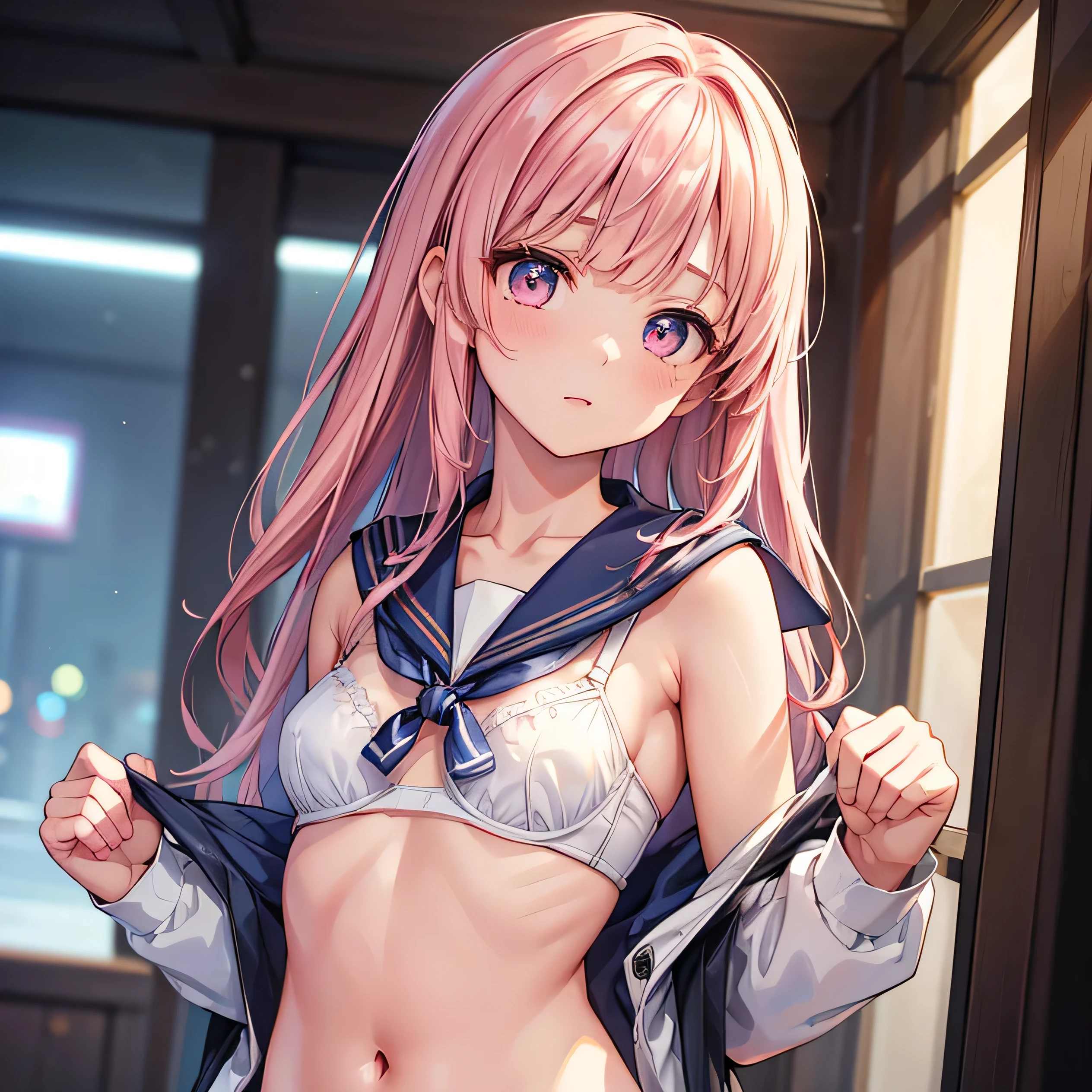 Beautiful illustration、top-quality、 s、Bedroom、A pink-haired、length hair、(((Pink pleated skirt)))、(((pink sailor suit)))、shortsleeves、Colossal tits、a navel、Flipping up the skirt with your hands、Show white panties、Pull up your skirt and show your panties、bare-legged、blue eyess、on the beds、lovely thighs、glowing thigh