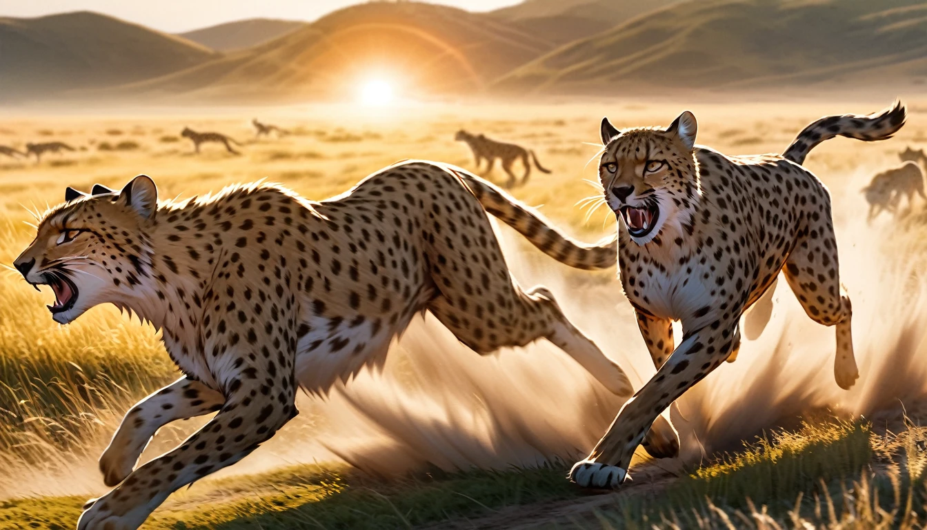 (Cheetah), grassland, run, speed, grace, wild, fast, nature, Predator, Brilliant, Chasing prey, muscle, Powerful, Sunshine with vast grassland as background、A photo of Cheetah running at full speed。Emphasizing Cheetah's muscle movement and speed、The light of nature shines on Cheetah。
