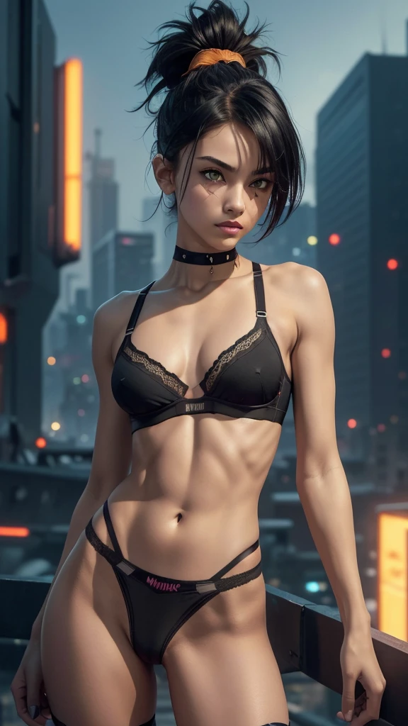 solo, 1girl, (masterpiece), ((16 year old appearance)), mohalk punk hair, small breasts, yellow eyes, ((detailed eyes)), (athletic body), (simple black cropped), (ultra sexy micro thong and top Victoria's Secret style), looking at the screen, orange lipstick, visible abs, (((one simple high-cut underwear thong))), navel, (collarbone), (cyberpunk scenery background)