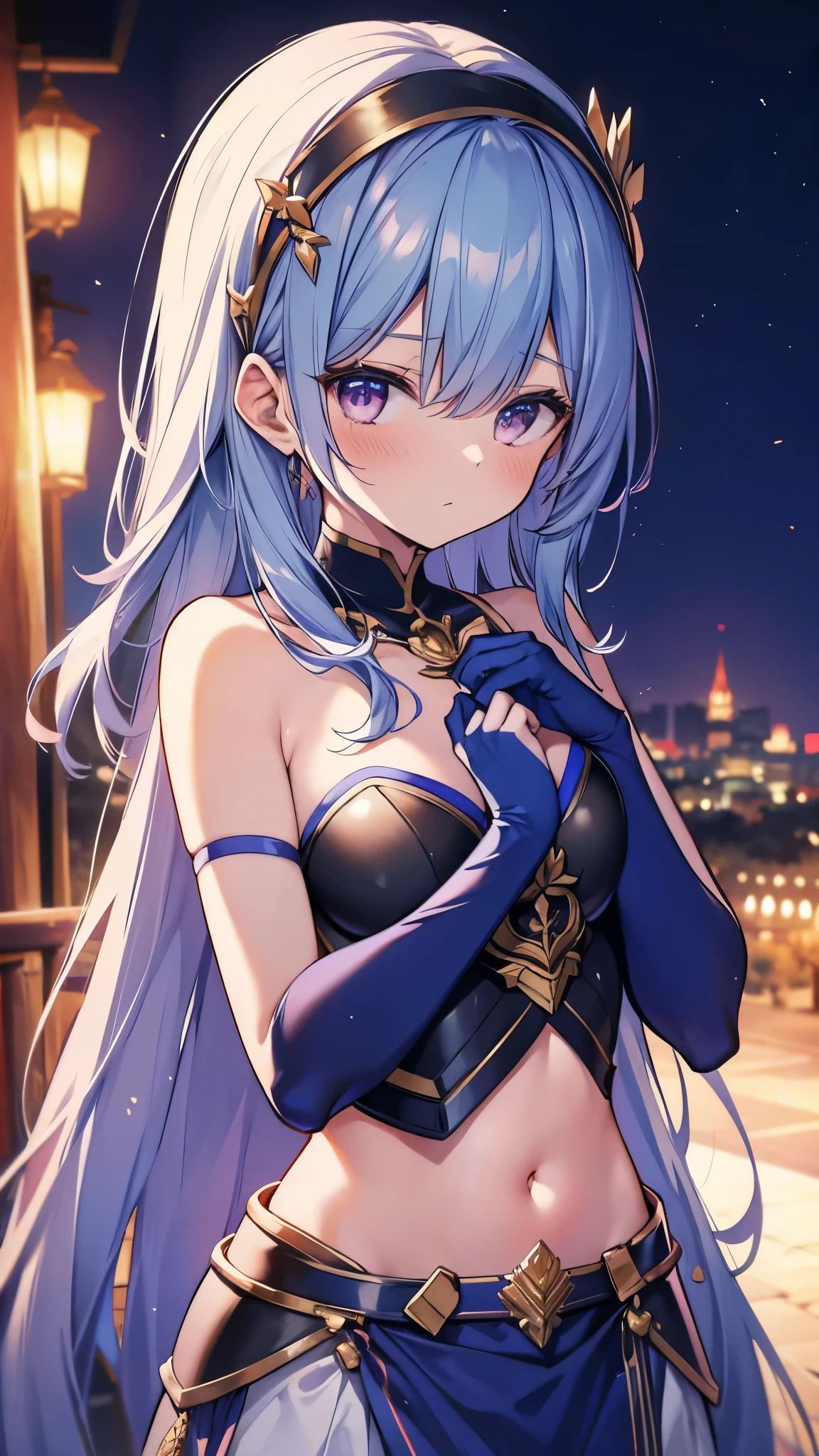 Lapis Lazuli Iron, 1 Girl, Solitary, Looking at the audience, blush, Bangs, Gloves, Upper Body, Weaving, Headband, outdoor, Open your mouth, sky空, sky, hands up, Pink Eyes, armor, Tree, Cover the navel, Blurred background, Place your hands on your chest, shoulder armor, side Weaving, Breastplate, red armor