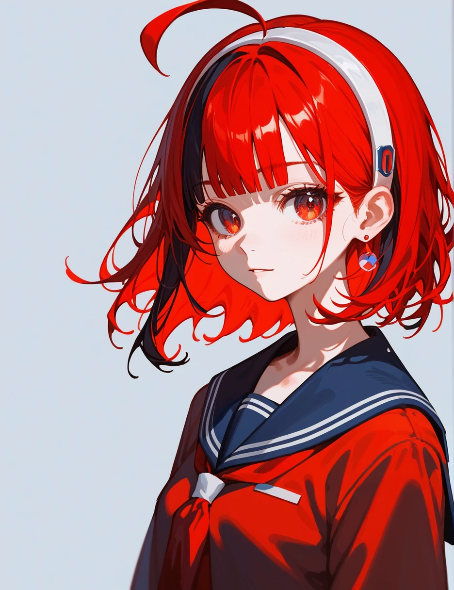 masterpiece, ultra-detailed, highly detailed, best quality, 1girl, looking at viewer, solo, red hair, multicolored hair, expressive hair, medium hair, ahoge, red eyes, blunt bangs, school uniform, hairband, earrings