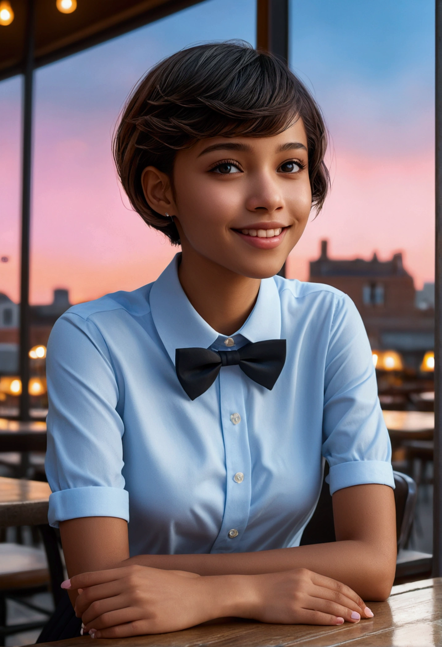 (8k, best quality, masterpiece:1.2), (sfw:1.3), (realistic, photo-realistic:1.37), ultra-detailed, 1 girl,cute, solo,beautiful detailed sky,detailed cafe,night,sitting,dating,(nose blush),(smile:1.1),(closed mouth) medium breasts,beautiful detailed eyes,(collared shirt:1.1), bowtie,pleated skirt,(short hair:1.2),floating hair, black boy