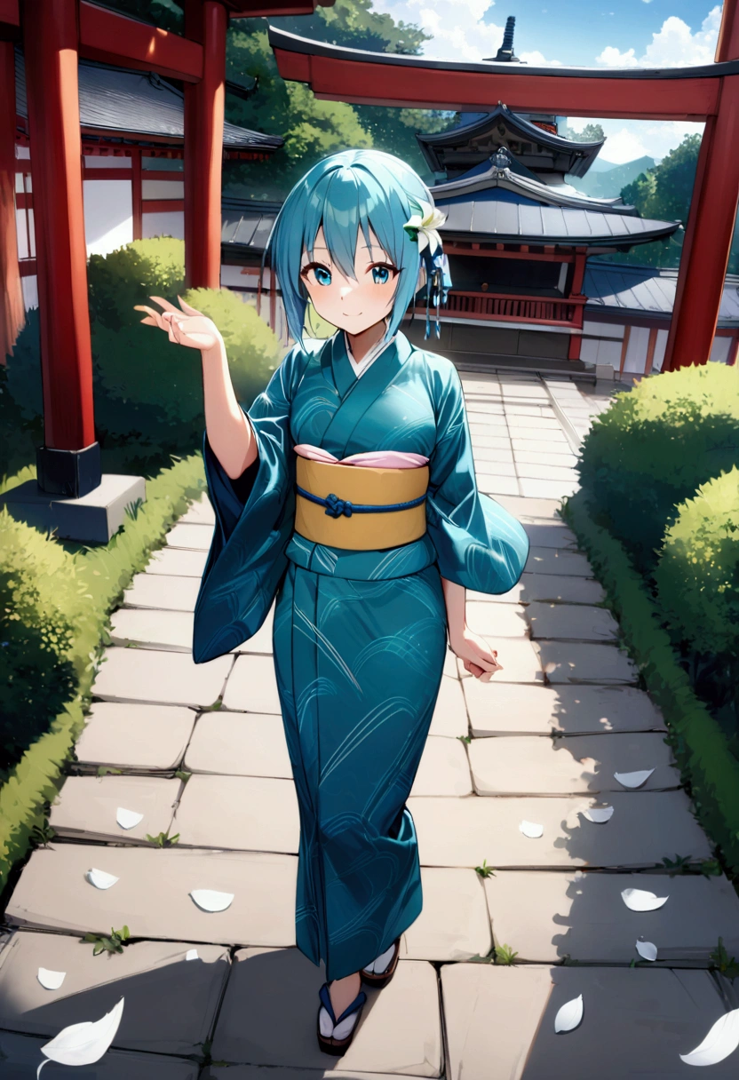 1 Girl, Solitary, from above, (White lily), Aesthetic, complex, best quality, Detailed background, Miki Sayaka, ((girl wearing a patterned teal kimono:1.2)), (Walking in the Zen Garden),  Casual posture, Detailed texture, Strike a pose, f lola l print, Flowering, Hair accessories, Japanese clothes, kimono, Heart, outdoor, pagoda, petal, (teal kimono), sash, shrine, Sky, Stone steps, Torii, Wide sleeves, yukata 