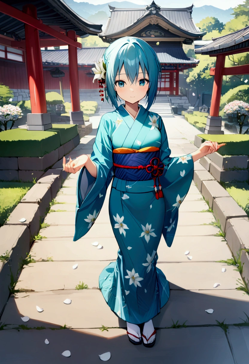 1 Girl, Solitary, from above, (White lily), Aesthetic, complex, best quality, Detailed background, Miki Sayaka, ((girl wearing a patterned teal kimono:1.2)), (Walking in the Zen Garden),  Casual posture, Detailed texture, Strike a pose, f lola l print, Flowering, Hair accessories, Japanese clothes, kimono, Heart, outdoor, pagoda, petal, (teal kimono), sash, shrine, Sky, Stone steps, Torii, Wide sleeves, yukata 