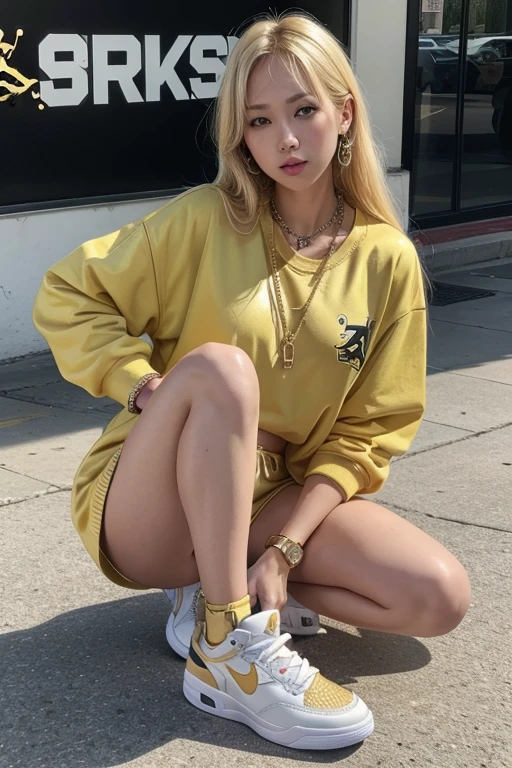 yellow labrador dog wearing air jordan sneakers and gold chains around his neck surrounded by hot women