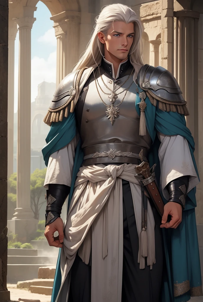 A tall, handsome, statuesque, courageous, attractive adult man-platinum blond, blue eyes, long straight platinum hair, dressed in an ancient gray military uniform, armor, holding a wide long sword in his hand. photorealistic illustrations, 4K resolution. Background: ancient ruins with glowing symbols, 32k UHD, best quality, masterpiece, super detail, high image quality.