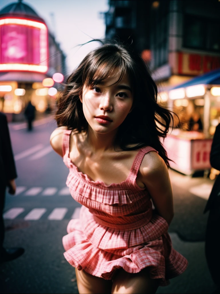 (Beauty shot:1.3), (best quality:1.4), 1girl, JAV, cute face, pink lace tanktop with short skirt, running in the market street, emotional posing, wavy hair, bangs, (hair blowing in the wind:1.2), (dramatic moment:1.3), (dynamic object:1.3), (kinetic motion:1.2), film looks, RAW photo, beauty shadow, beautiful day, natural lighting, detailed skin, detailed face and eyes, ultra highly detailed, surreal view, sharp focus, shot by zenit analog film, cinematic portrait by annie leibovitz, street photography in 2024, (candid:1.5)