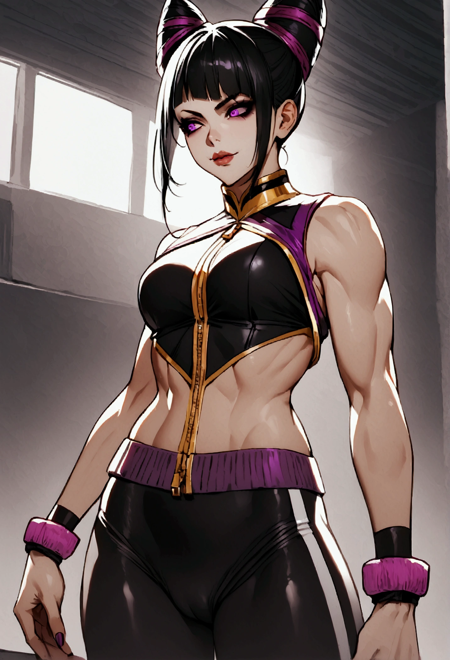 Juri Han,dark eyeshadow,glare eyes,beautiful young fitness woman with , in a gym wearing May with black pantyhose, white and purple fitted gym jacket. standing alone,hair horns,bright purple eyes,Evil smile,legging preto ,lips,dark eyeshadow,glare eyes,head looking down,upward eyes
