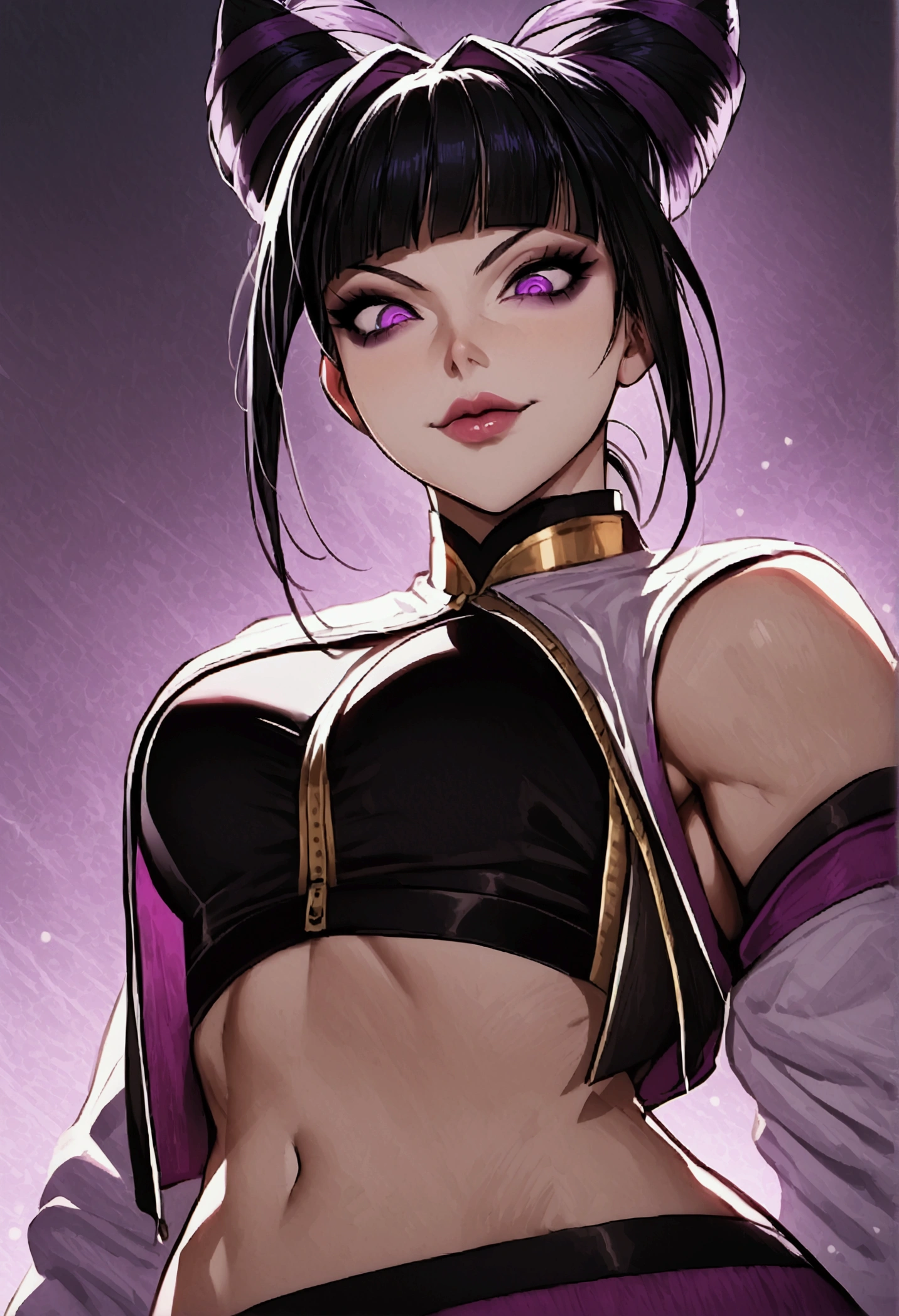 Juri Han,dark eyeshadow,glare eyes,beautiful young fitness woman with , in a gym wearing May with black pantyhose, white and purple fitted gym jacket. standing alone,hair horns,bright purple eyes,Evil smile,legging preto ,lips,dark eyeshadow,glare eyes,head looking down,upward eyes
