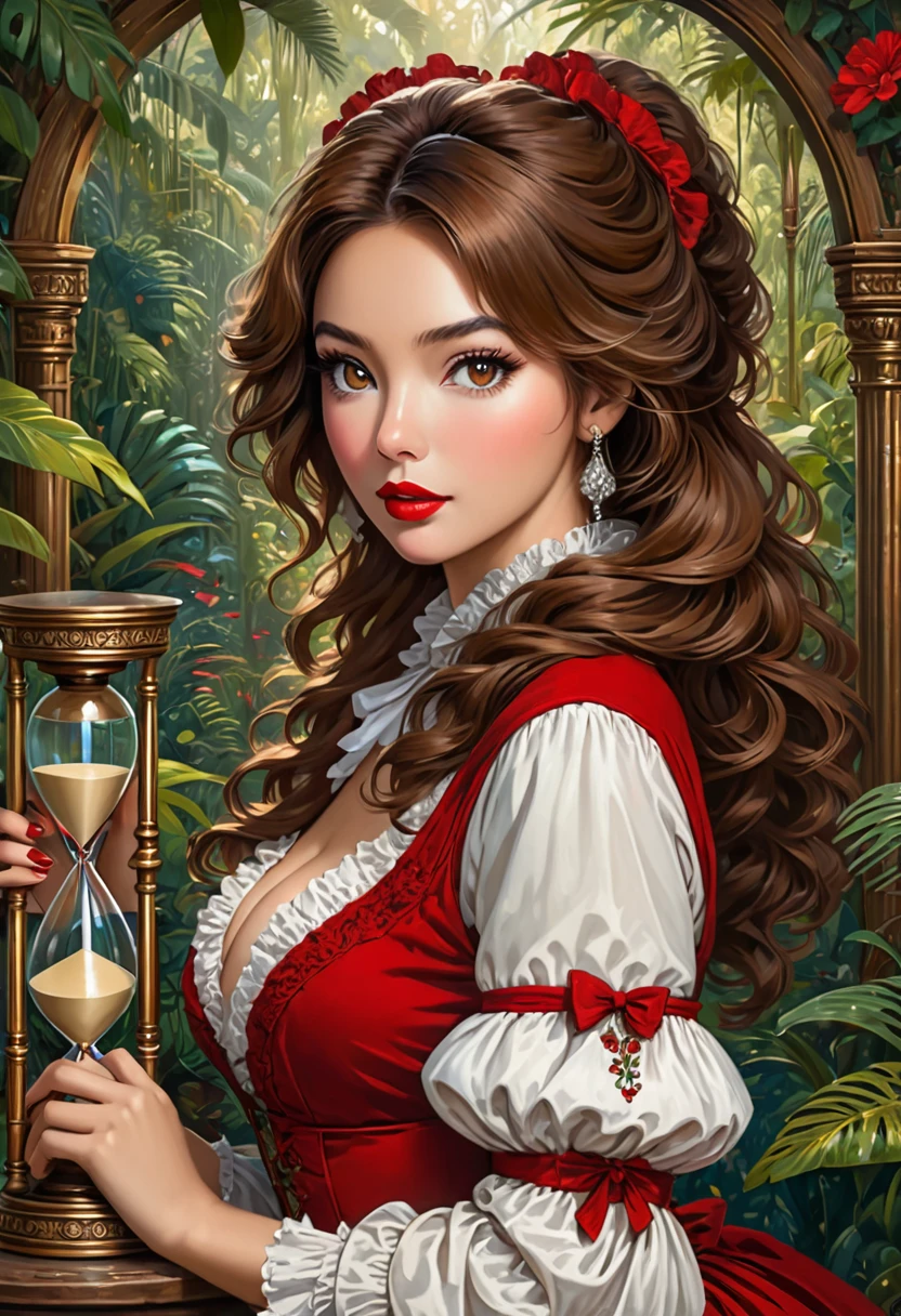 female fox mid transformation, solo, masterpiece, best art, victorian dress. detailed hands, detailed eyes, detailed torso, jungle, expression, transformation, human face, brown shaggy hair. Hourglass figure. red lip stick, sexy pose.