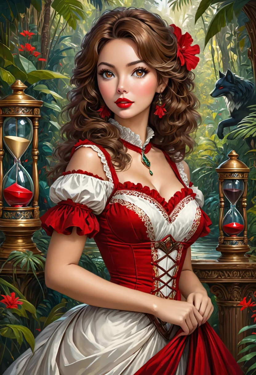 female fox mid transformation, solo, masterpiece, best art, victorian dress. detailed hands, detailed eyes, detailed torso, jungle, expression, transformation, human face, brown shaggy hair. Hourglass figure. red lip stick, sexy pose.
