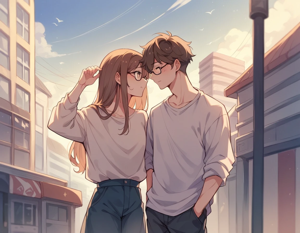 Couple、Men in their 20s wearing glasses、Black short hair、girl、、Brown Hair、long hair、cute、Stylish summer clothes、In the city