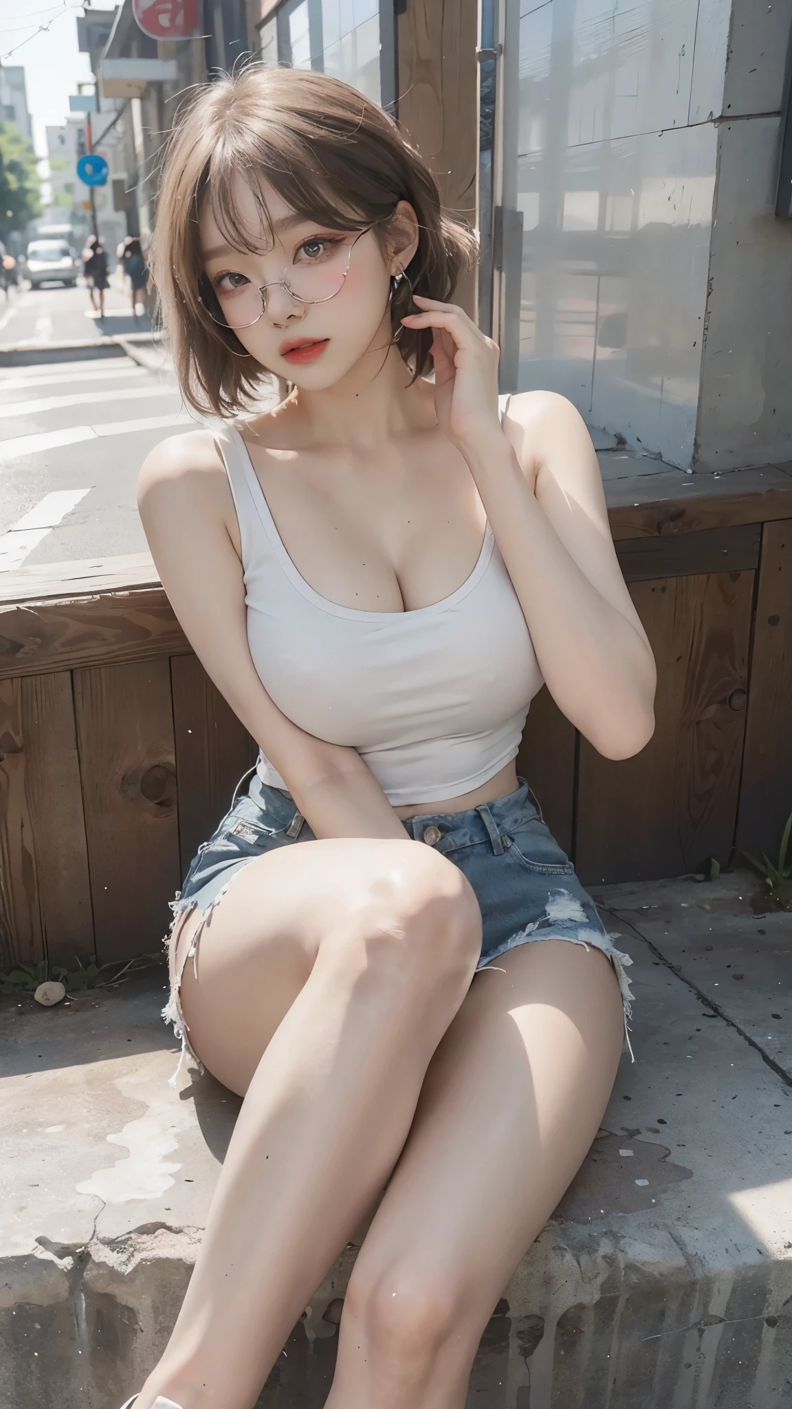 Best image quality、RAW Photos、Ultra-high resolution、18 year old Korean、Glasses beauty、Huge boobs:1.5、Cleavage:1.5、Healthy Skin、Glowing White Skin、(Short Bob Hair)、((light brown silver hair))、Beautiful eyes with random colors、Very thin lips、Beautifully drawn eyes in every detail、Long, narrow eyes、Pale pink blush、Long eyelashes、Beautiful double eyelids、eye shadow、Earrings、(Stylish glasses、White tight tank top、Denim shorts、Beautiful feet、Attractive thighs)、Street Snap、Moderate thickness、A shot that highlights the legs