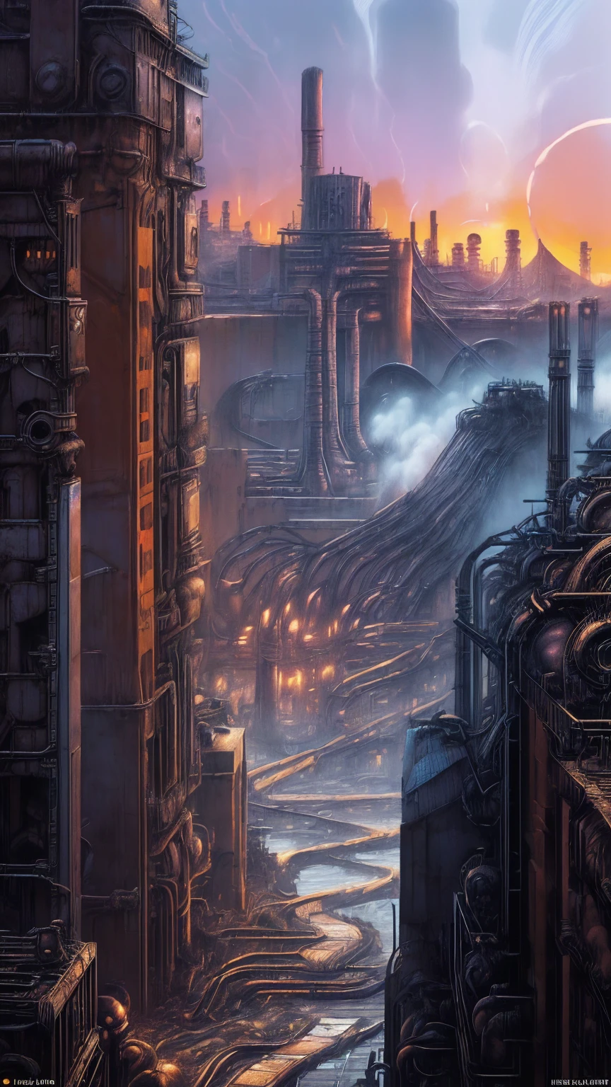 long shot: 1.3, masterpiece, ((industrial city scene with sky with sunset: 1.5)),(( machinery, metal: 1.5)), very beautiful Digital art, Digital art. very detailed and very detailed magical fantasy, colorful digital fantasy art, highly detailed Digital art, beautiful and gorgeous Digital art, very detailed digital painting, 32K